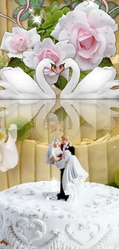 A wedding cake with swans and pink roses, ideal for romantic themes.