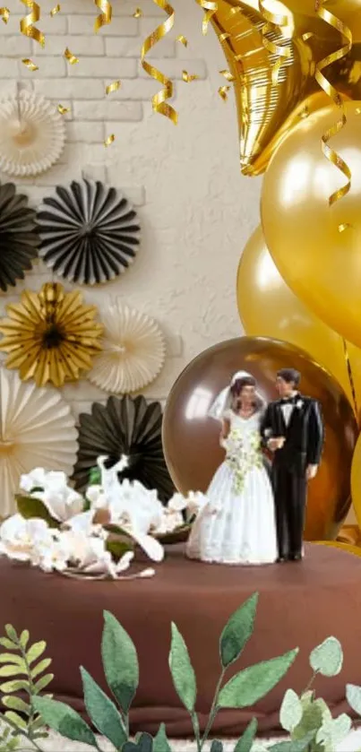 Wedding themed wallpaper with cake and gold balloons.