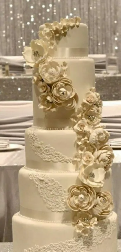 Elegant tiered wedding cake with floral decoration in ivory color.