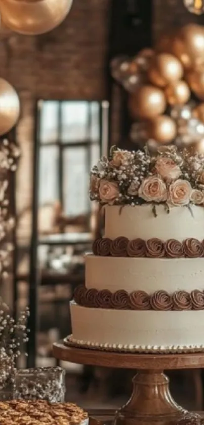 Three-tiered wedding cake with elegant floral decorations and balloons.