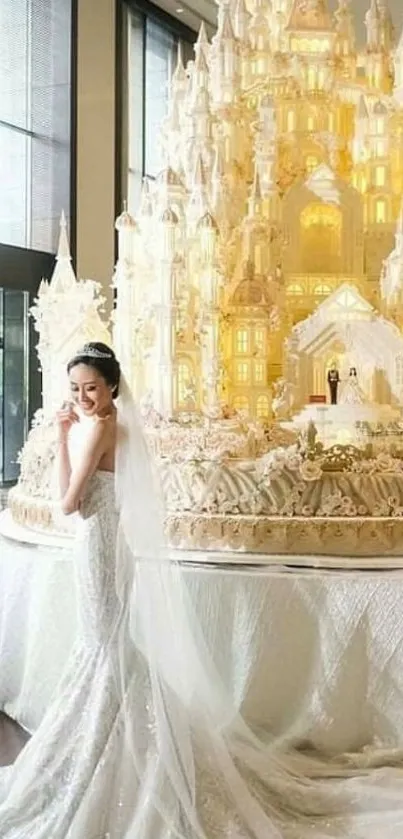 Bride in elegant dress by castle cake.