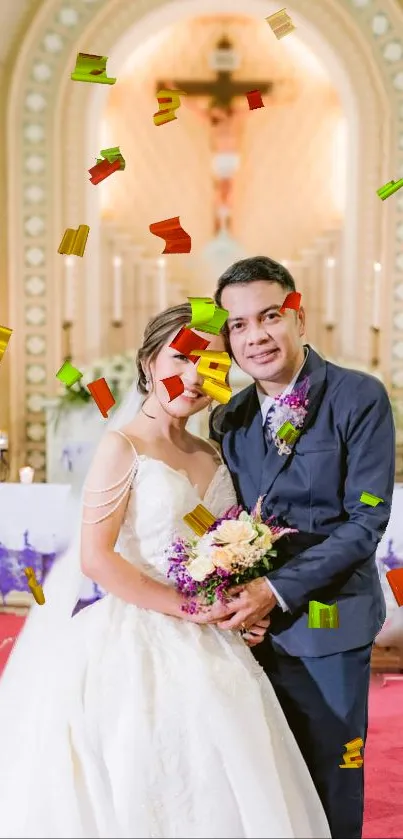 Elegant wedding couple with confetti in church setting.