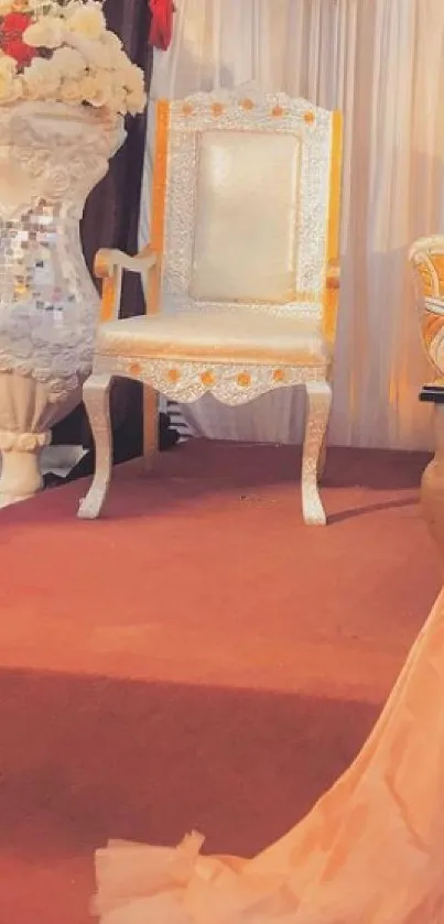 Elegant wedding chair with peach and floral decor style.