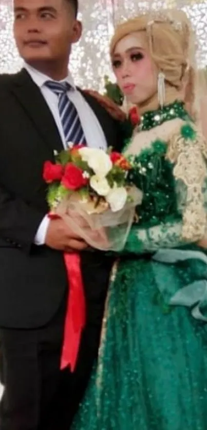 Wedding couple posing elegantly in vibrant emerald attire.