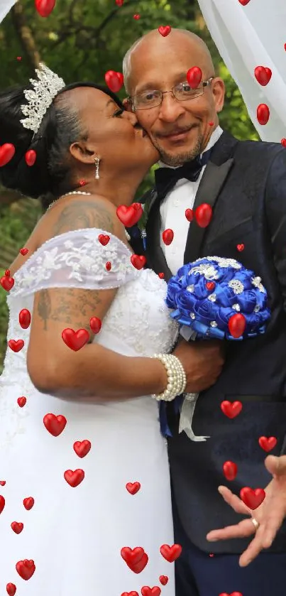 A beautiful wedding couple embracing under a white canopy.