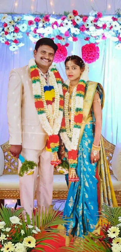 Traditional wedding couple with floral decor.