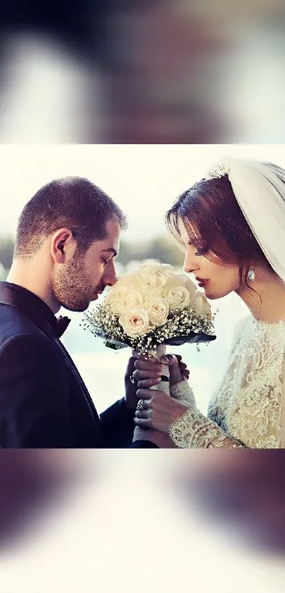 Elegant bride and groom sharing a tender wedding moment.