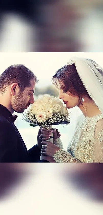 Elegant bride and groom with bouquet.