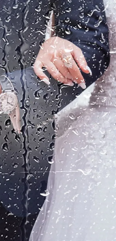 Wedding couple with bouquet in elegant attire.