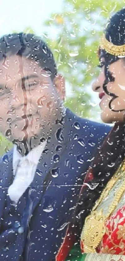 A couple in traditional wedding attire with a lush green background.