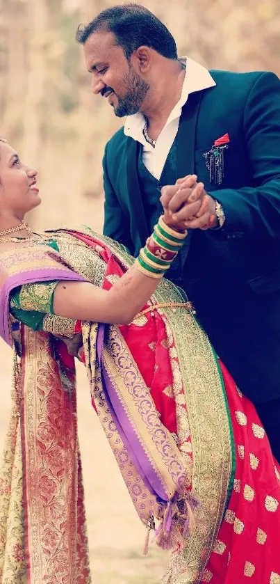 Elegant couple dancing in traditional wedding attire outdoors.