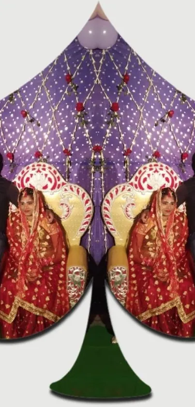 Vibrant wedding themed mobile wallpaper with cultural attire and elegant design.