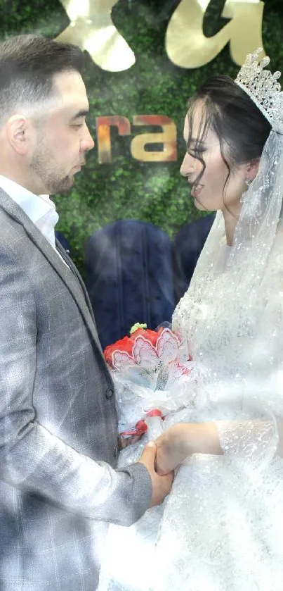 A bride and groom sharing a romantic moment in elegant attire.