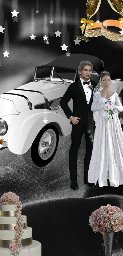 Elegant wedding wallpaper with purple satin, vintage car, and newlyweds.