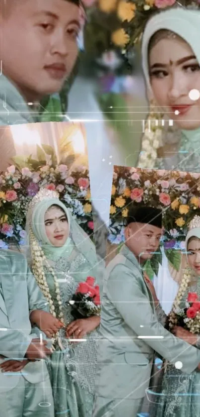 Wedding collage with couple in traditional attire and floral background.