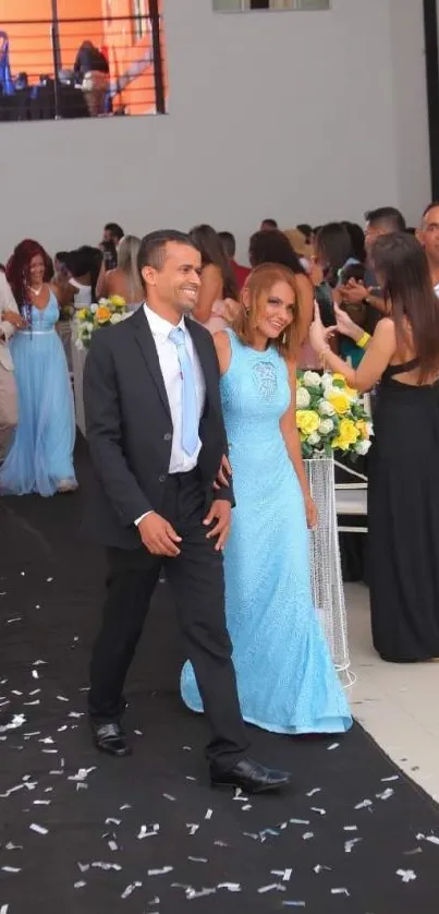 Elegant couple walking at a wedding reception.