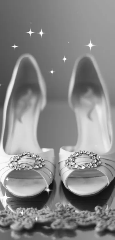 Elegant black and white bridal shoes on reflective surface.