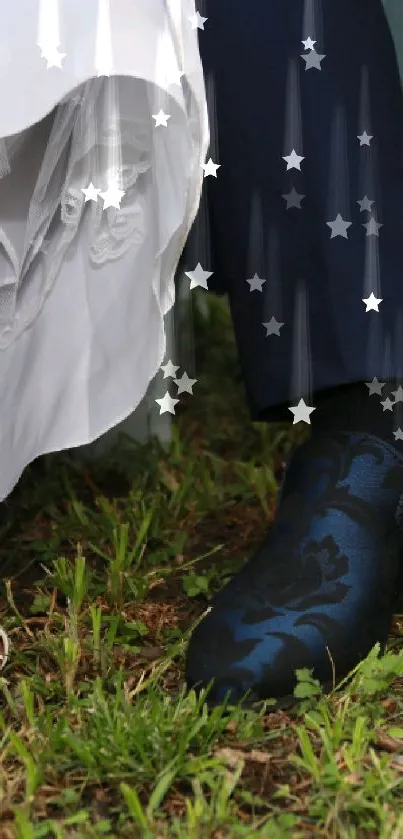 Elegant close-up of wedding shoes on grass background.