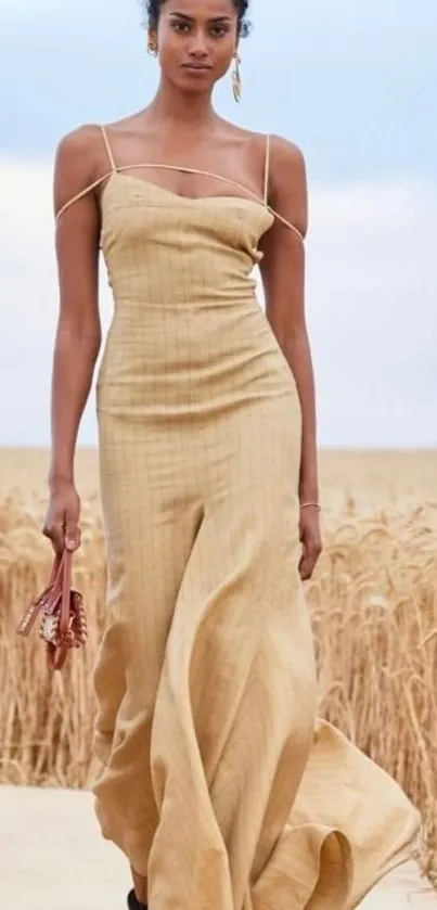 Elegant model in beige dress in wheat field wallpaper.