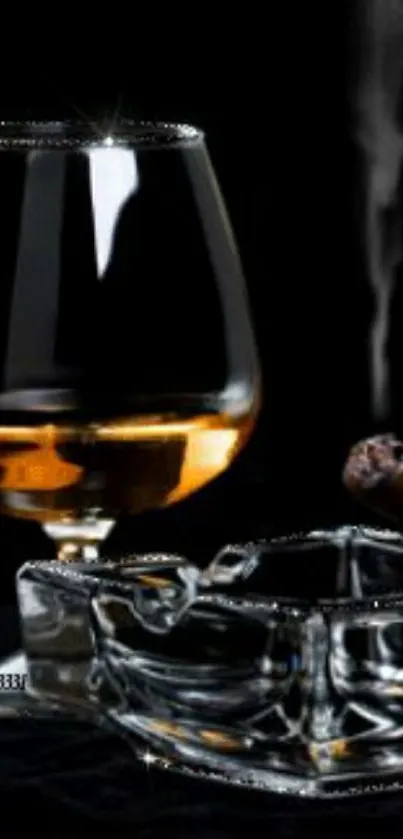 A glass of whiskey, cigar, and ashtray on a dark background.