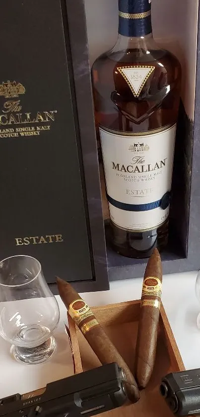 Luxurious display of whiskey and cigars with crystal glasses.