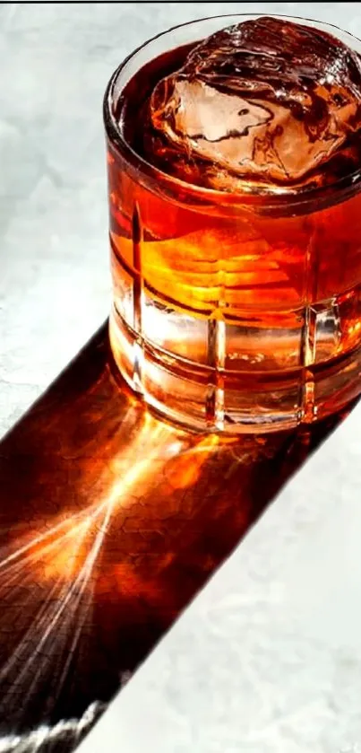 Elegant whiskey glass with ice on a reflective surface.