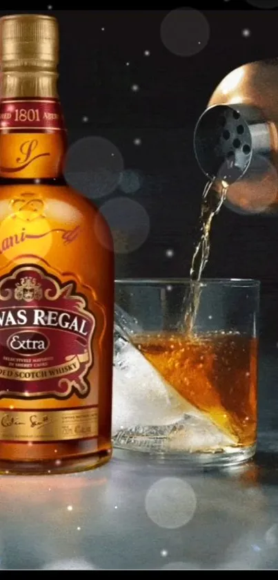 Chivas Regal whiskey bottle and glass on a dark background.