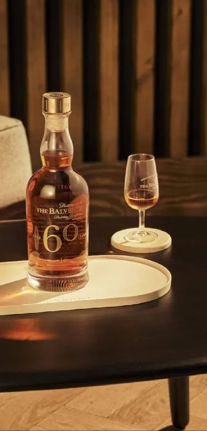 Elegant whiskey bottle and glass on a stylish wooden table.