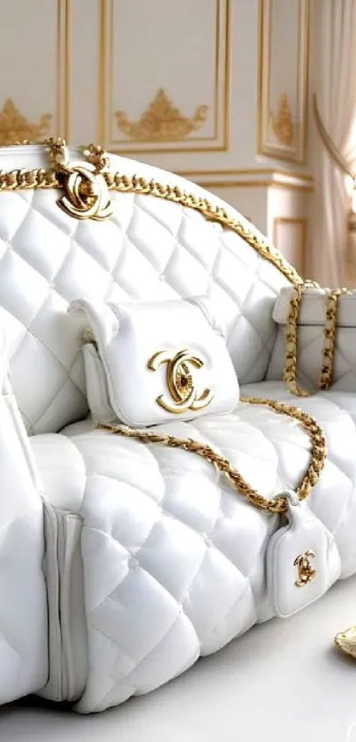 Elegant white sofa with gold chain accents in luxurious setting.