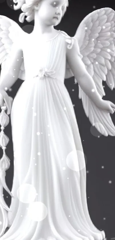 White angelic sculpture on dark background, elegant and serene.