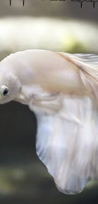 White Betta fish swimming in calm waters, creating a serene mobile wallpaper.