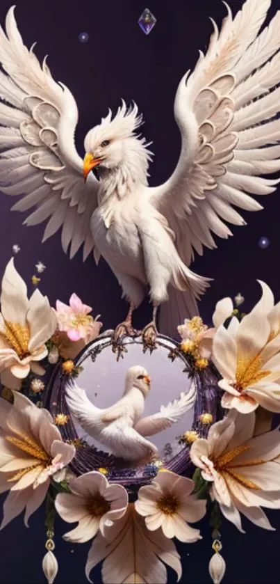 Majestic white bird and flowers on a decorative mobile wallpaper.