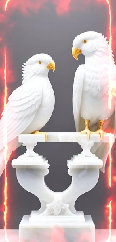 Elegant white bird sculpture with gold accents on a mobile wallpaper.