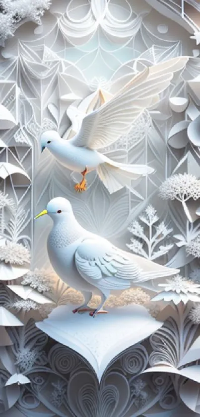 Elegant white doves in intricate artistic background.