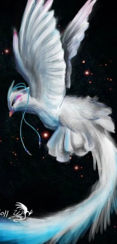 A white bird gracefully gliding through a starry night sky, full of elegance and mystique.