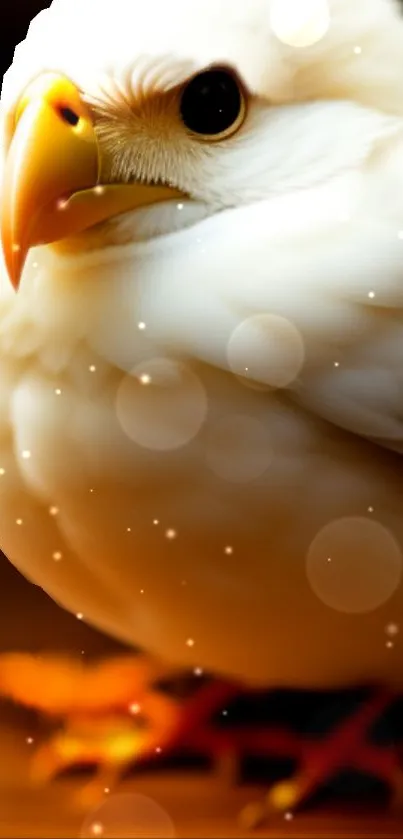 Close-up of an elegant white bird with glowing highlights on a mobile wallpaper.