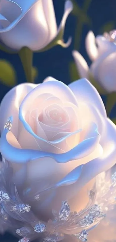 Elegant white roses with crystals glowing softly in light.
