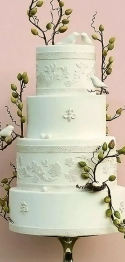 Elegant white cake with floral designs and branches.