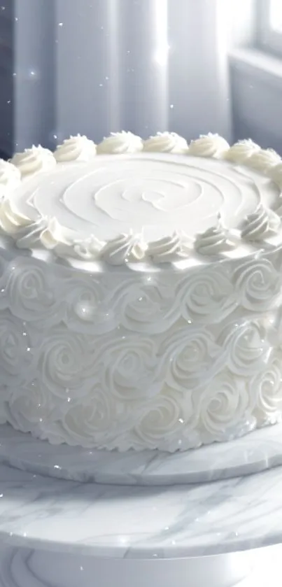 Elegant white cake with intricate frosting on a marble stand.