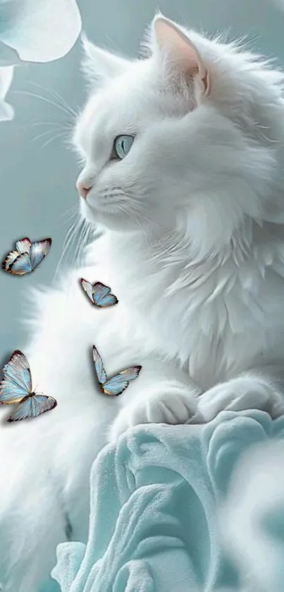 Elegant white cat with blue butterflies in serene wallpaper.