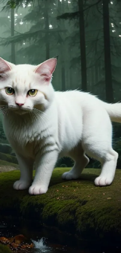 White cat standing on moss in a serene forest setting.