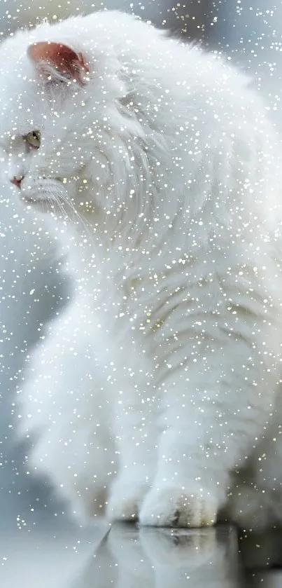 Elegant white cat sitting calmly on a ledge against a soft background.