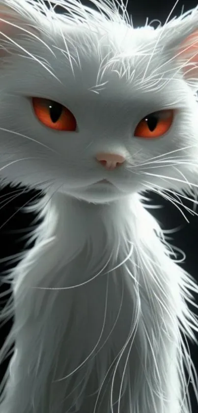 White cat with orange eyes on dark background.