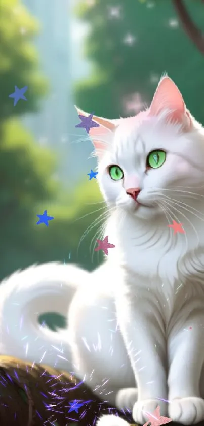 White cat with green eyes in a serene forest wallpaper.