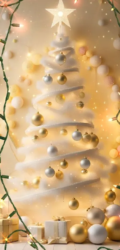 Elegant white Christmas tree with gold ornaments and twinkling lights.