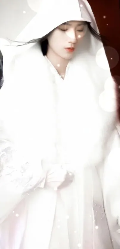 Elegant figure in a white cloak standing gracefully.