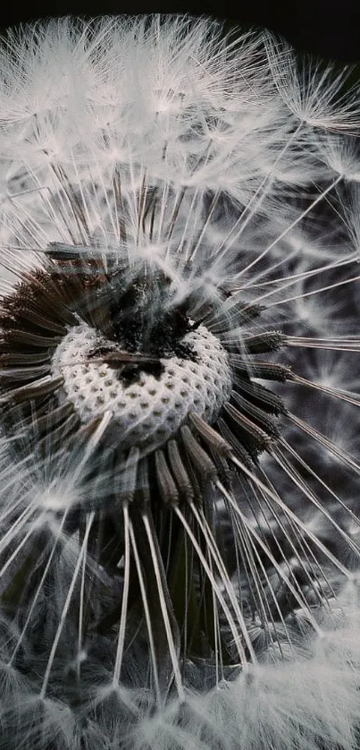 Closeup of a white dandelion against a dark background.