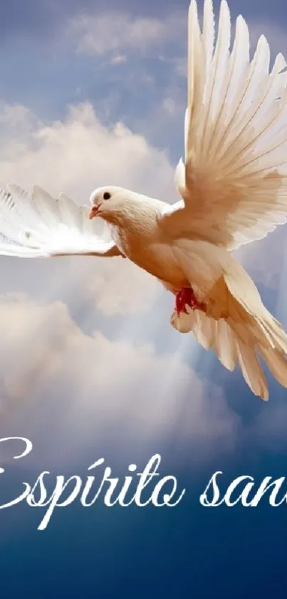 White dove flying in a blue sky with clouds, symbolizing spirituality and peace.