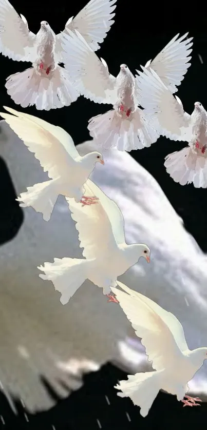 Mobile wallpaper of white doves in flight against a black background.