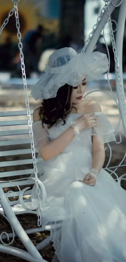 Woman in white dress sitting on a vintage swing in a garden.